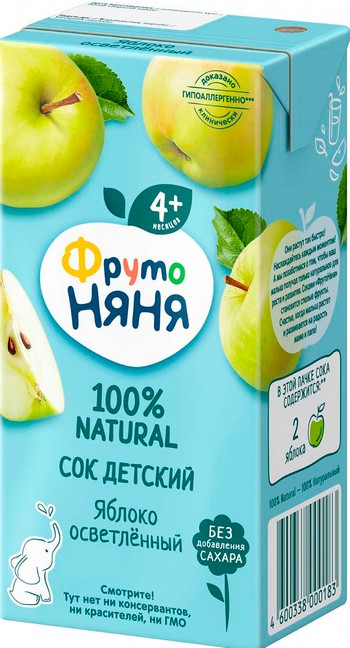 Сок ФрутоНяня яблочный осветл б/сахара т/п 200мл