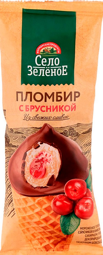 Мороженое Село Зеленое Пломбир Брусника 15% рожок 110г без змж