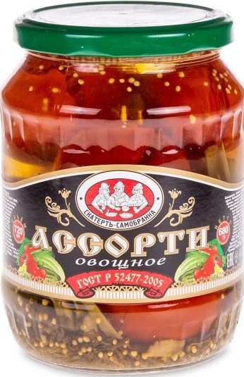 Ассорти овощное Скатерть-Самобранка огурцы и томаты маринованные ст/б 680г