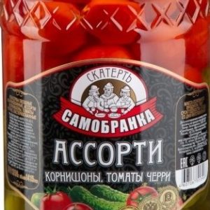 Ассорти овощное Скатерть-Самобранка корнишоны и томаты черри маринованные ст/б 1,350г