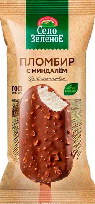 Мороженое Село Зеленое Пломбир Шоколад-Миндаль в молочном шоколаде 15% эскимо 80г без змж