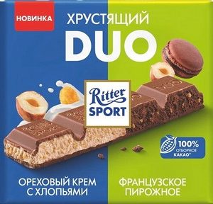 Шоколад Ritter Sport Хрустящий DUO Орех крем с хлопьями/Французское пирож 218г