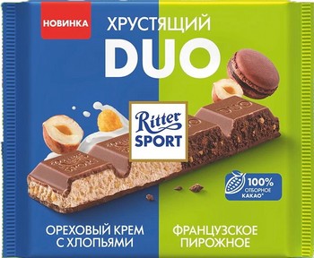 Шоколад Ritter Sport Хрустящий DUO Орех крем с хлопьями/Французское пирож 218г