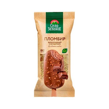 Мороженое Село Зеленое Пломбир шоколадный с топ и Фундуком в глазури 15% эскимо 80г без змж