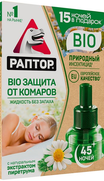 Жидкость Раптор Bio д/уничтожения комаров с экстрактом ромашки 45 ночей