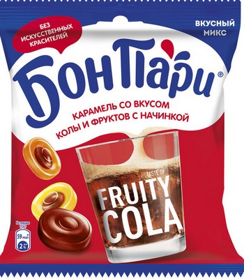 Леденцы БонПари с начинкой со вкусом колы и фруктов 200г