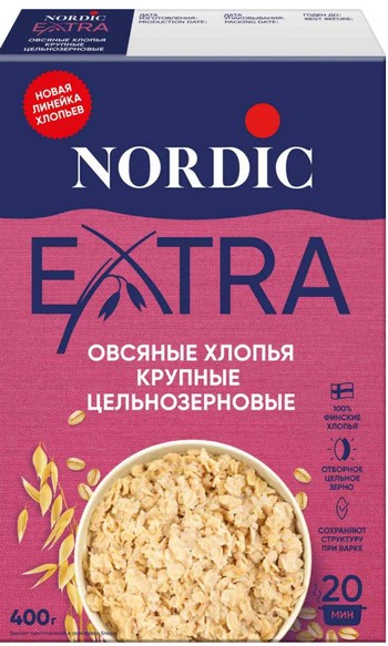 Хлопья Нордик ленивая овсянка крупные цельнозерновые к/у 400г