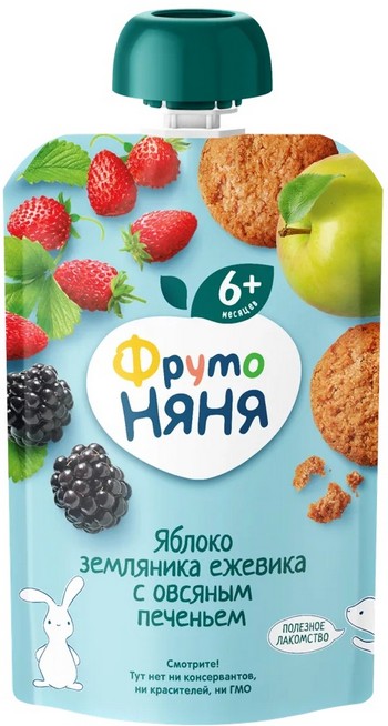 Пюре ФрутоНяня яблоко-земляника-овс.печенье 6+ д/п 90г