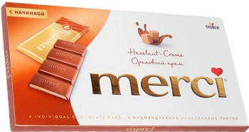 Шоколад Merci молочный с начинкой из орехового крема 112г